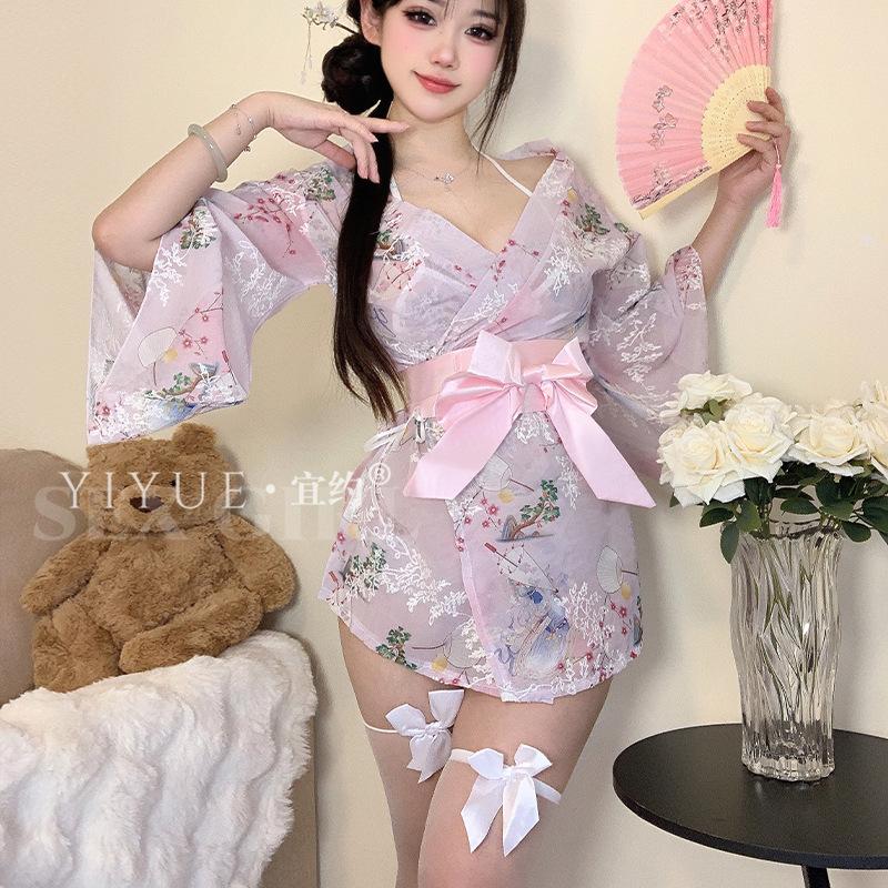 Erotic Underwear, Sexy Embroidered Japanese-style large size Kimono Pajamas Set, Hot Pure Desire Seductive Uniform 8515