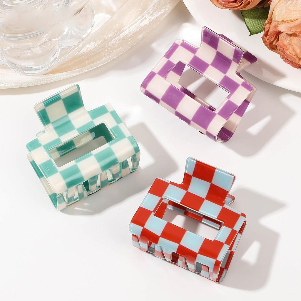 Small square hair clips PVC color blocking lattice grab clip senior sense half tie hair shark clip Yiwu accessories