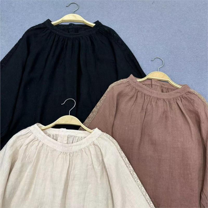 Johnature Японский винтажный круглый вырез лоскутное кружево свитер рубашка женская осень свободные винтажные повседневные рубашки