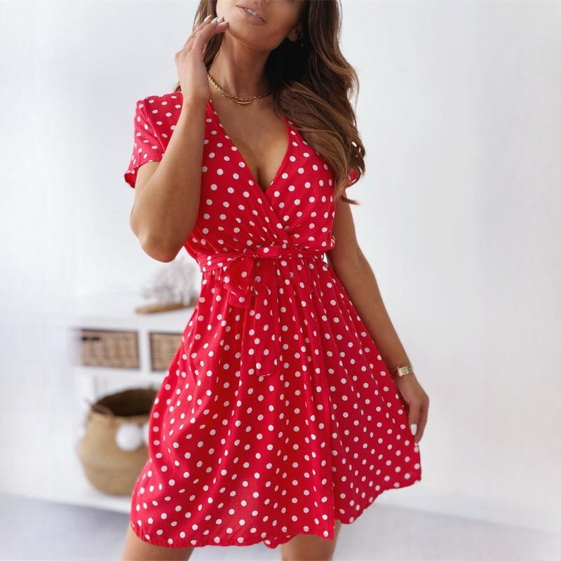Женское летнее модное мини-платье с коротким рукавом и V-образным вырезом, женское платье в горошек с разрезом, Vestidos для женщин, пляжное платье в стиле бохо