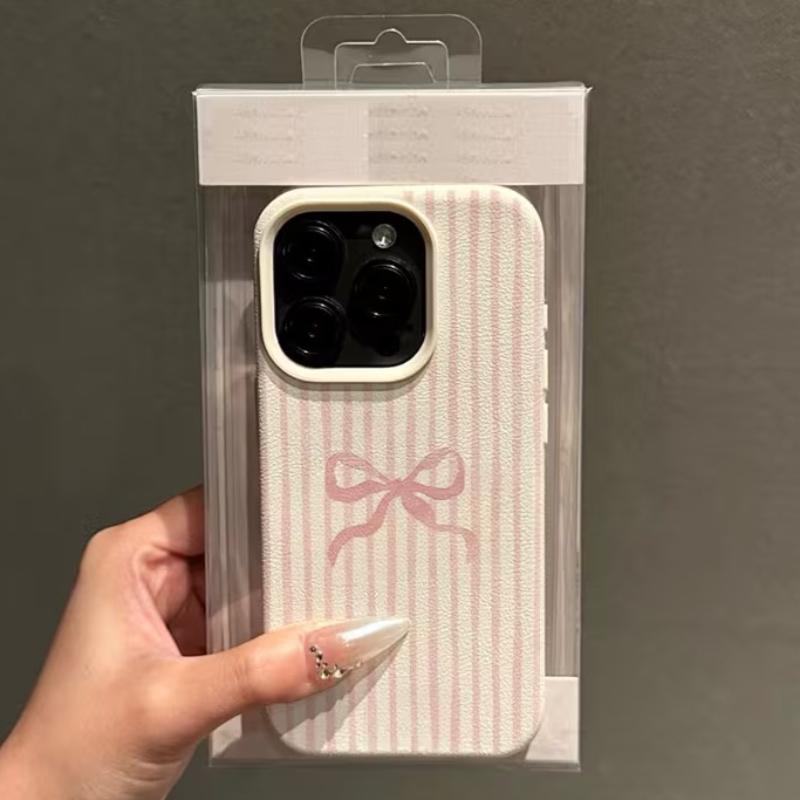Чехол для телефона с узором в розовую полоску и бантиками Для iPhone 17 16 Pro Max 15 14 13 12 11 Pro Max 17 Air 16E X XR XS Max Ударопрочный Мягкий чехол