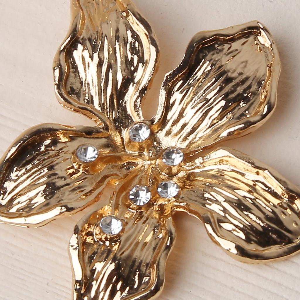 Metallic Flower Gold Earrings With Decorative Stones For Fashion And Celebration