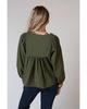 Green Embroidered Split Neck Pleated Loose Blouse