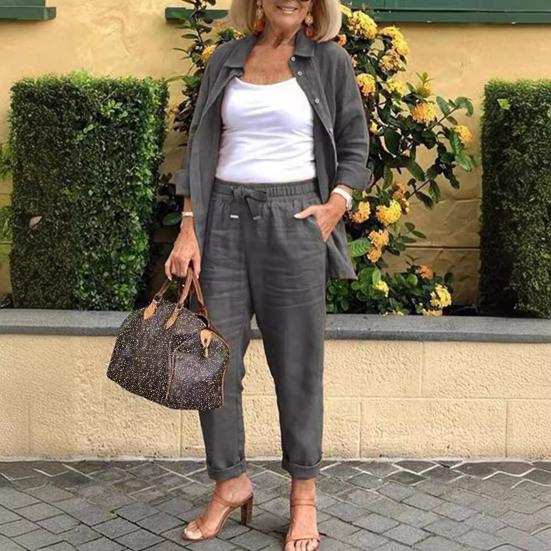 2 Pcs/Set Women Shirt Pants Set Loose Lapel Single-breasted Mid Length Long Sleeve Blouse High Elastic Waist Wide Leg Trousers Daily Wear Clothes