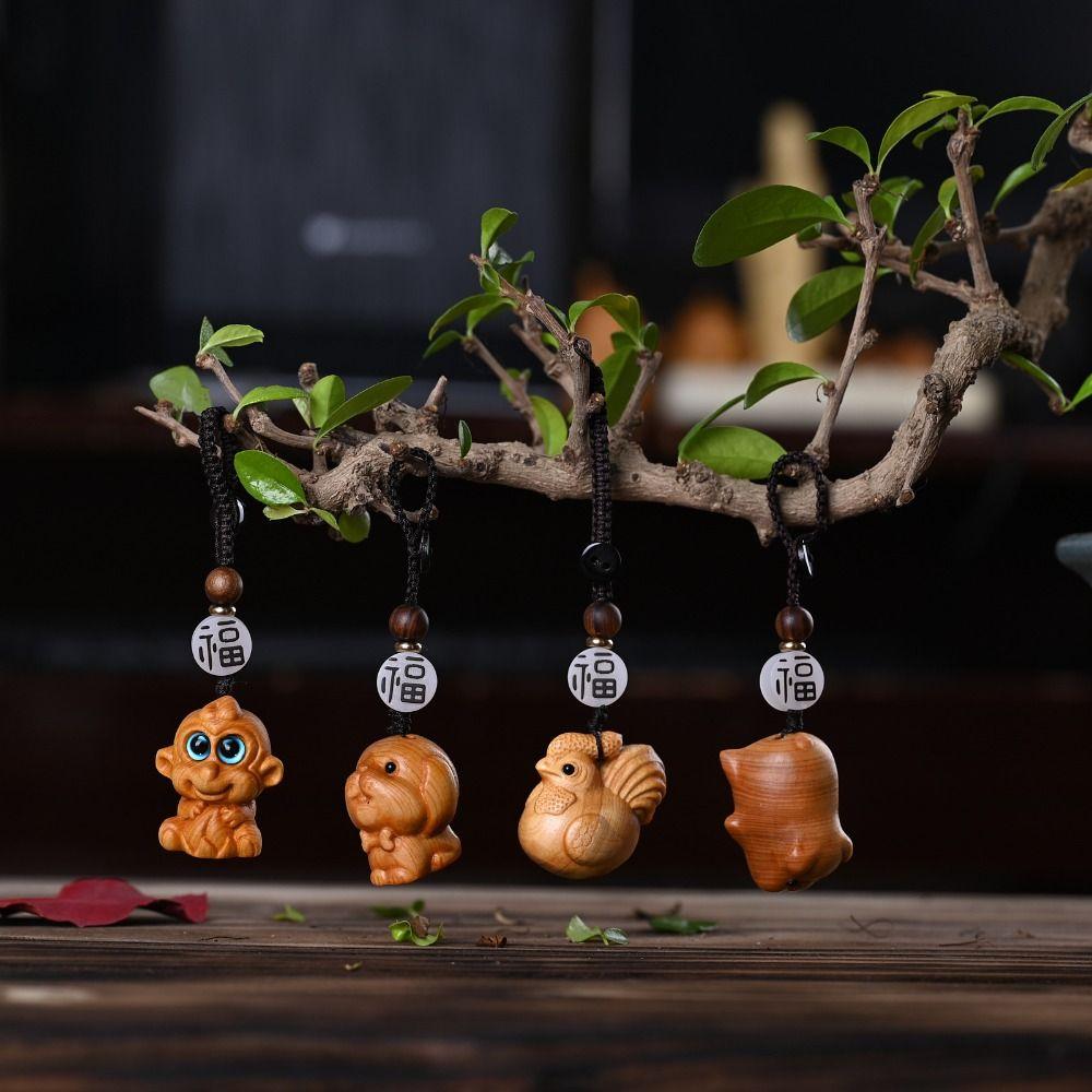 Китайский зодиакальный резной брелок с двенадцатью знаками зодиака, деревянный брелок с маленьким животным, подарок на Новый год