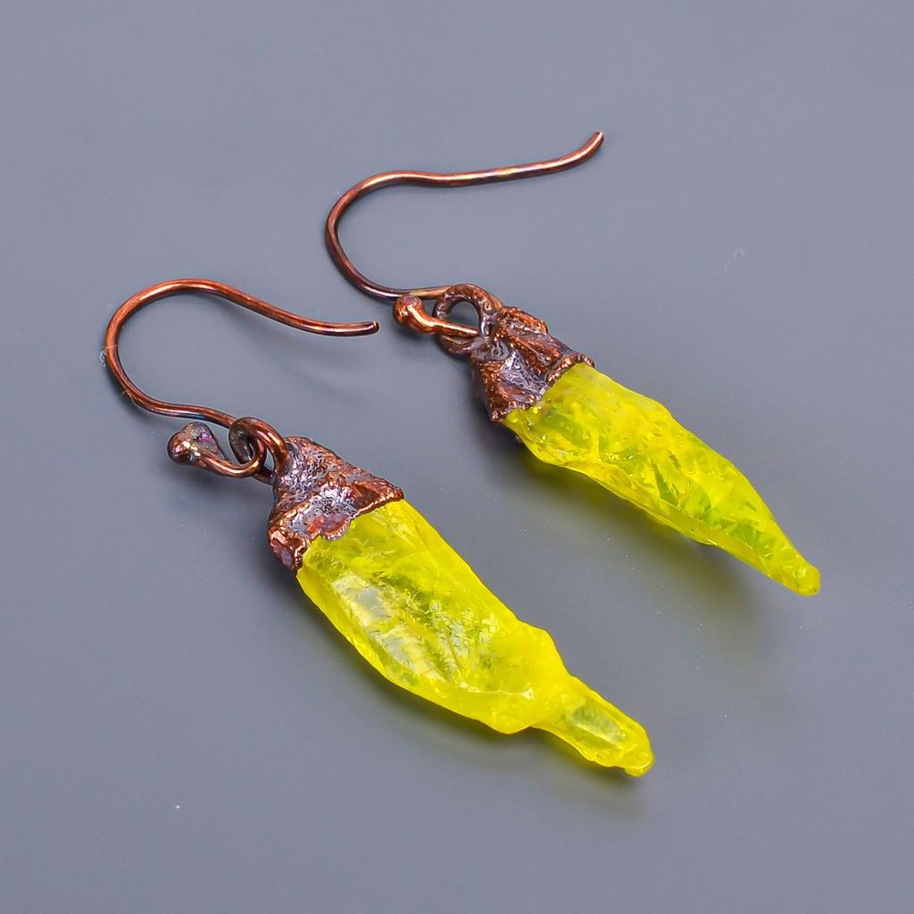 Необработанный желтый топаз Уникальные авторские висячие модные серьги Ювелирные изделия Медь V-7