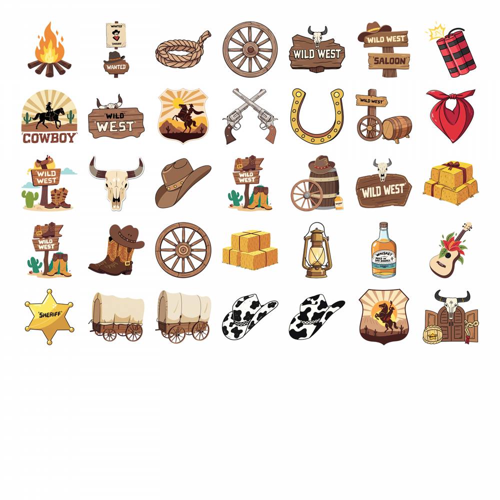 35pcs Playful Saloon Stickers Western Western Stationery Stickers Wild West Decals For Notebook Luggage Mobile Phone Cup