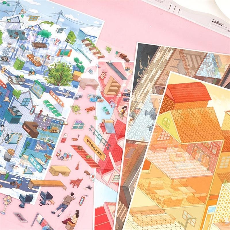 JIAMEI Kawaii 3D Miniature Scene Cartoon Town Landscape Stickers DIY Handmade Stacking Scrapbook Fun Album Decoration Sticker