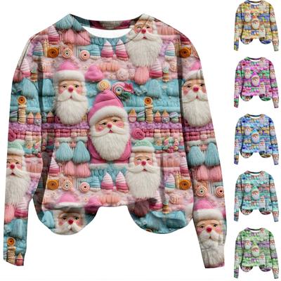 Женская повседневная модная рождественская печать с длинным рукавом и круглым вырезом, пуловер, верхняя блузка