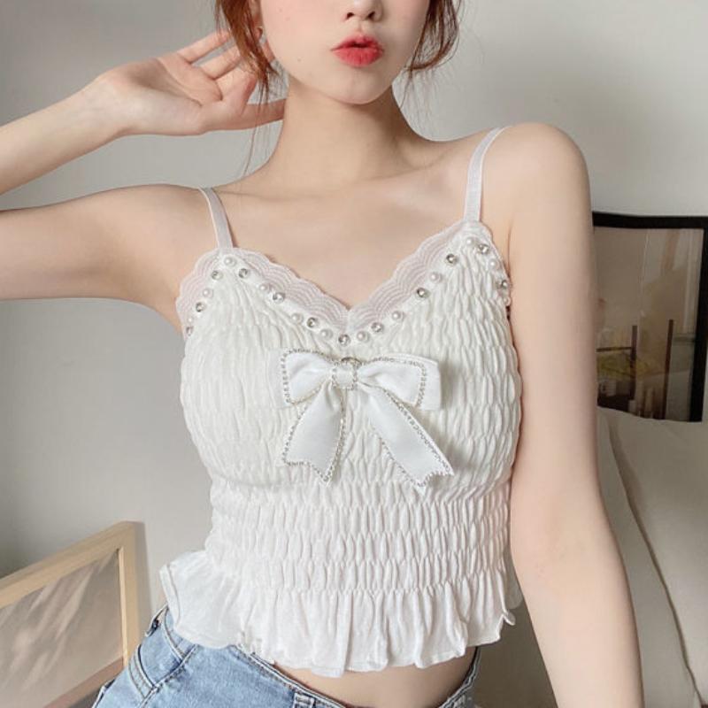 Summer Women's Bow Pleated Mesh Vest with New Suspender and Chest Pad Top, Fashionable and Elegant Summer Women's Clothing