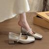 French Thick Heel with Rhinestone Single Shoes Women's 2025 New Summer Square Head Shallow Mouth Middle Heel Mary Jane Small Leather Shoes