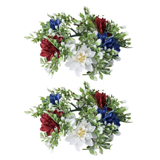 2Pcs Patriotic Artificial Wreath Candle Independence Holder Day Pillar Candle Ring Red White Blue