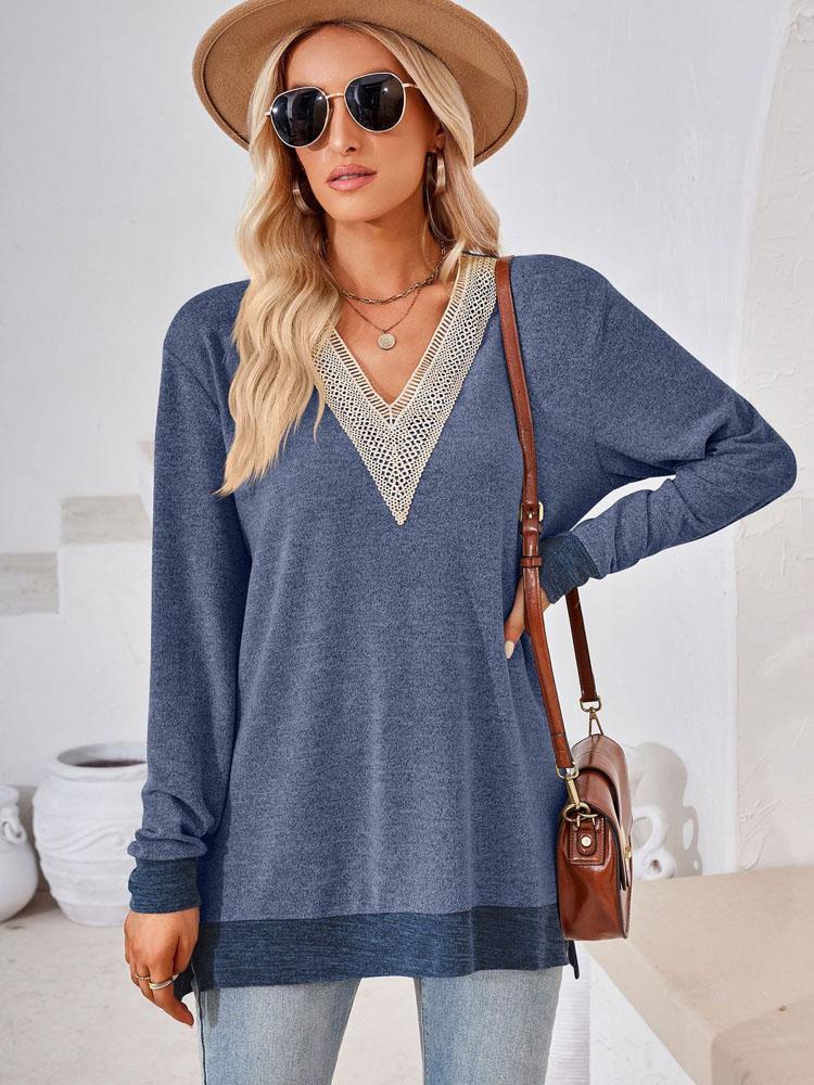 Элегантная и классическая универсальная и удобная осенне-зимняя свободная однотонная футболка с V-образным вырезом и кружевом, женская футболка с длинным рукавом