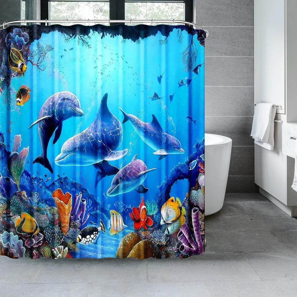 Ocean Underwater World Shower Curtains Set Dolphin Animal Cheerful Marine Life Scenery Polyester Fabric for Kids Bathroom Decor