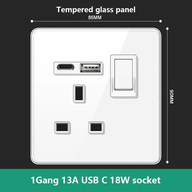 UN UK RU Standard Wall Light Switch Power Socket,18W Plug Type-C USB Quick Charging Universal 5-pin Tempered Glass Socket Outlet