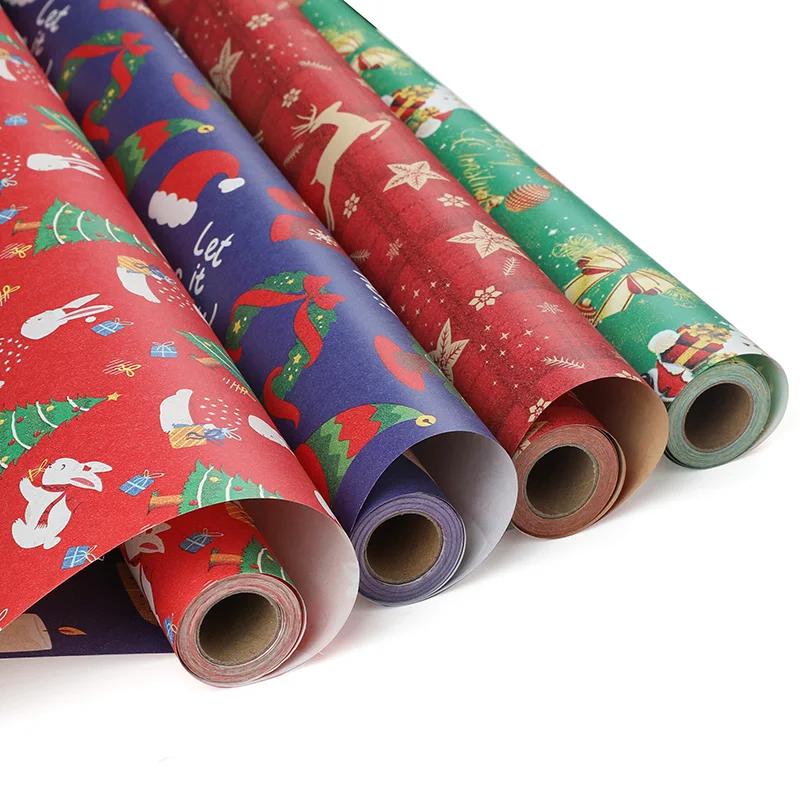 10M/roll Kraft Christmas Wrapping Paper Cartoon Santa Claus Elk Gift Box Packaging Material New Year Xmas Party Diy Decoration