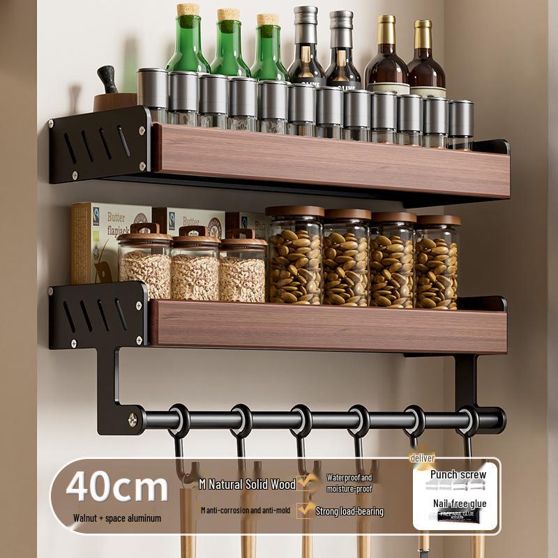 Punch-Free Wall-Mounted Walnut Kitchen Storage Rack: Multi-Layer Spice Shelf