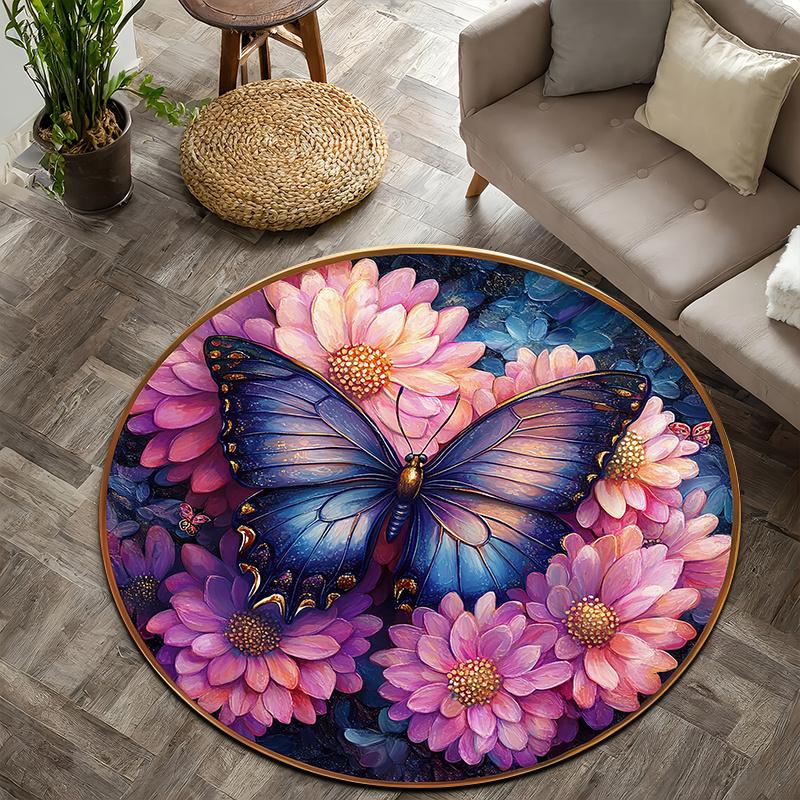 Pink butterfly artistic style Flannel-printed round floor mats are slip-resistant Suitable living room terrace garden carpets