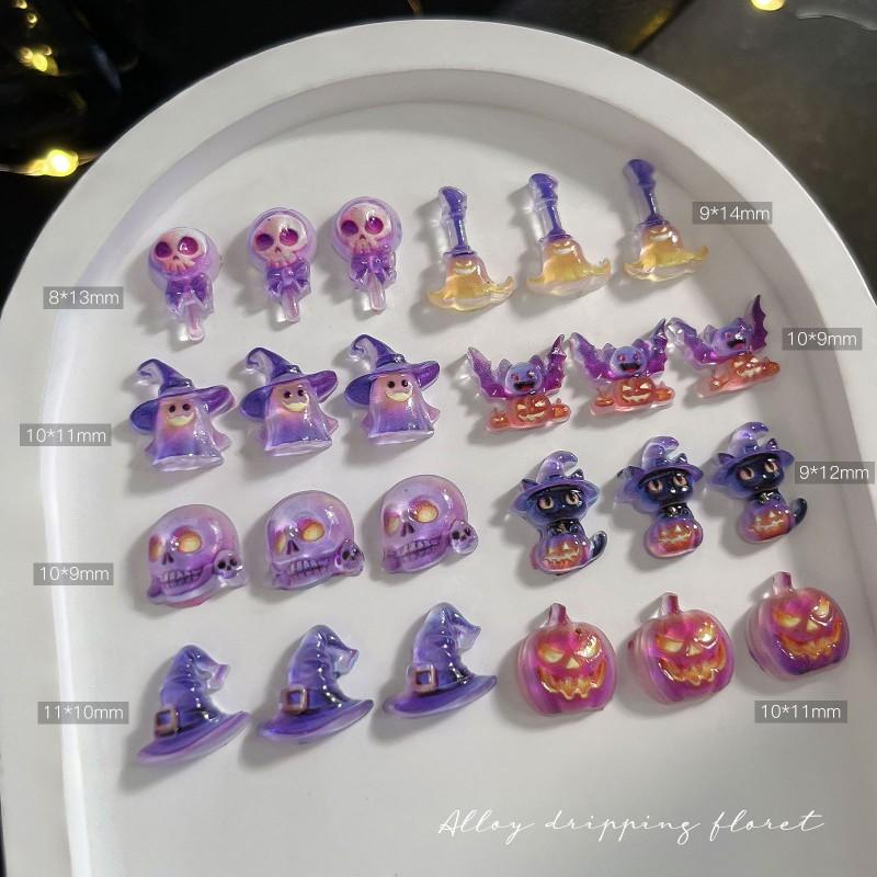 3D Halloween Nail Charms Purple Pumpkin Ghost Skull Resin Decorations DIY Art