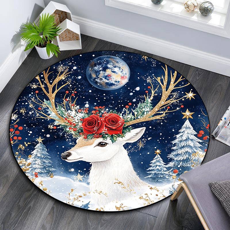 Winter Deer Round Area Rug,Carpet Rug for Living Room Bedroom Sofa Playroom Decor,Non-slip Floor Mat