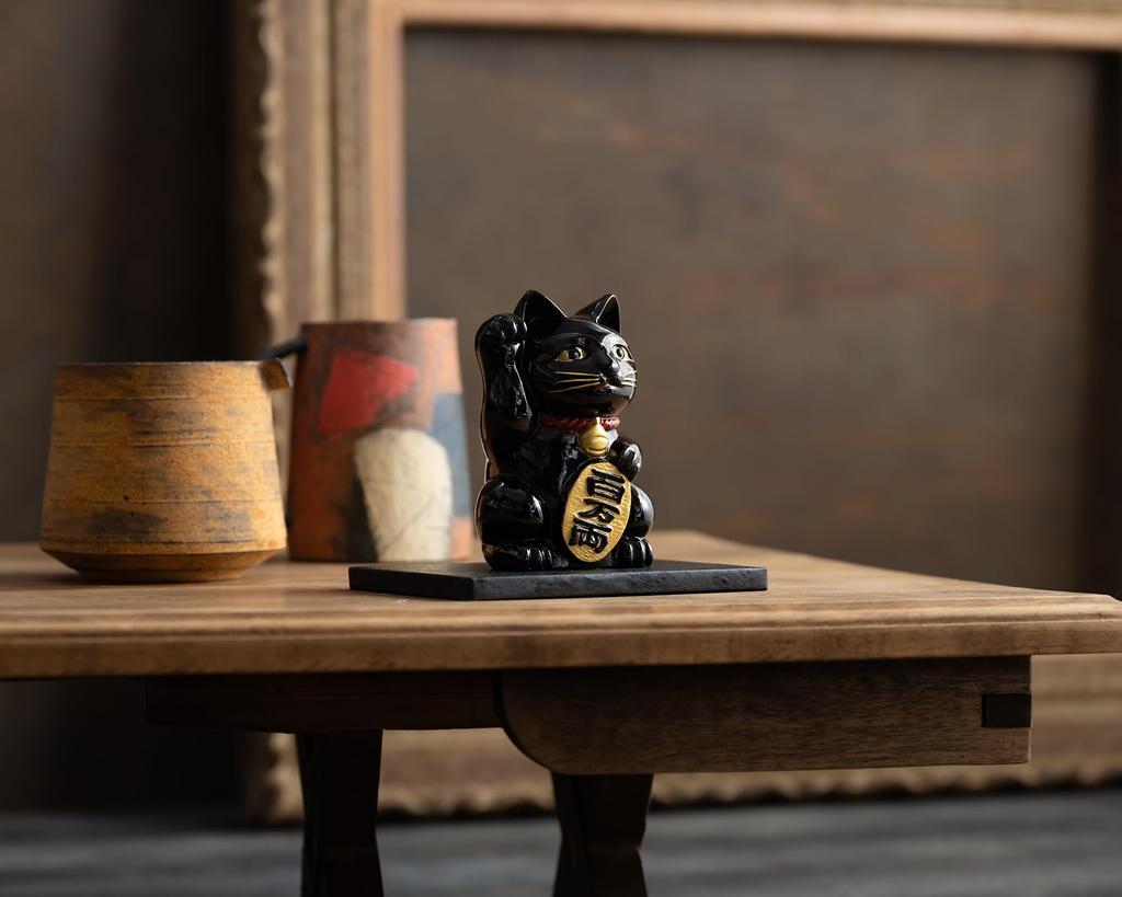 Gin-Yado Maneki Neko (Lucky Cat) - Black Lacquer, Right Paw Raised, Metal, Lucky Cat, Feng Shui Figurine, Takaoka Copperware (Maneki Neko BL)