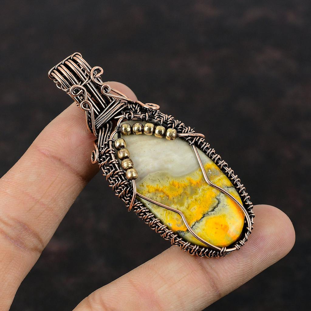 Подвеска из драгоценного камня Bumble Bee Jasper, подвеска из медной проволоки, уникальная медная бижутерия, элегантная подвеска ручной работы, подвеска из проволоки, подарок для него