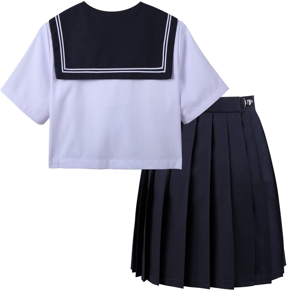 Sailor Authentic Navy Short JK High School Mini Pleated School Cultural Goldfish Knot 2 White School 3 Piece Set [SYRHSYB] Uniform, Uniform, Collar,