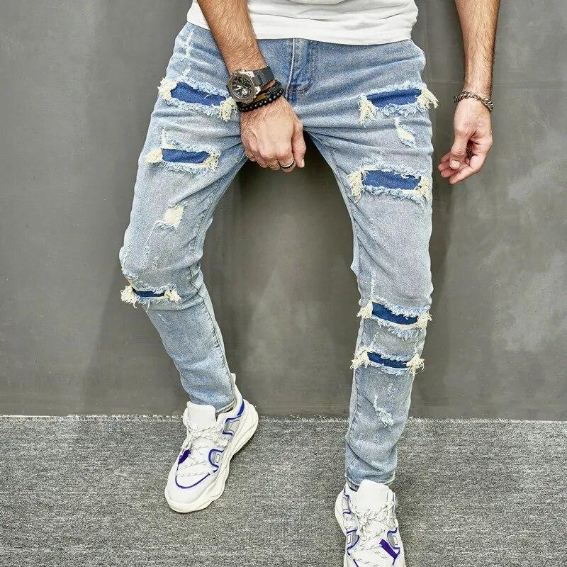Men Holes Casual Skinny Jeans Pants Streetwear Male Stylish Ripped Solid Hip Hop Slim Denim Trousers