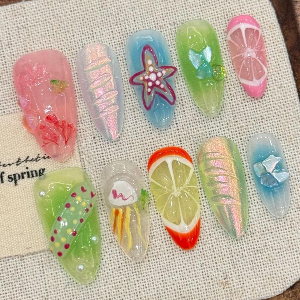 New Arrival Handwork Almond Summer Romantic 3D Flowers Butterfly Fake Nails Sticker Handmade Press on Nails