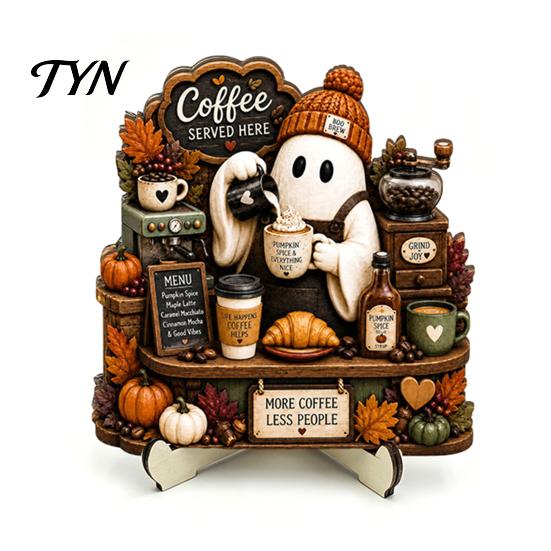Wooden Ghost Skull Decorations Halloween Table Sign, Plaid Pumpkin Desktop Ornament with Stand, Kid Friendly Party Supplies Farmhouse Fall Home Decor