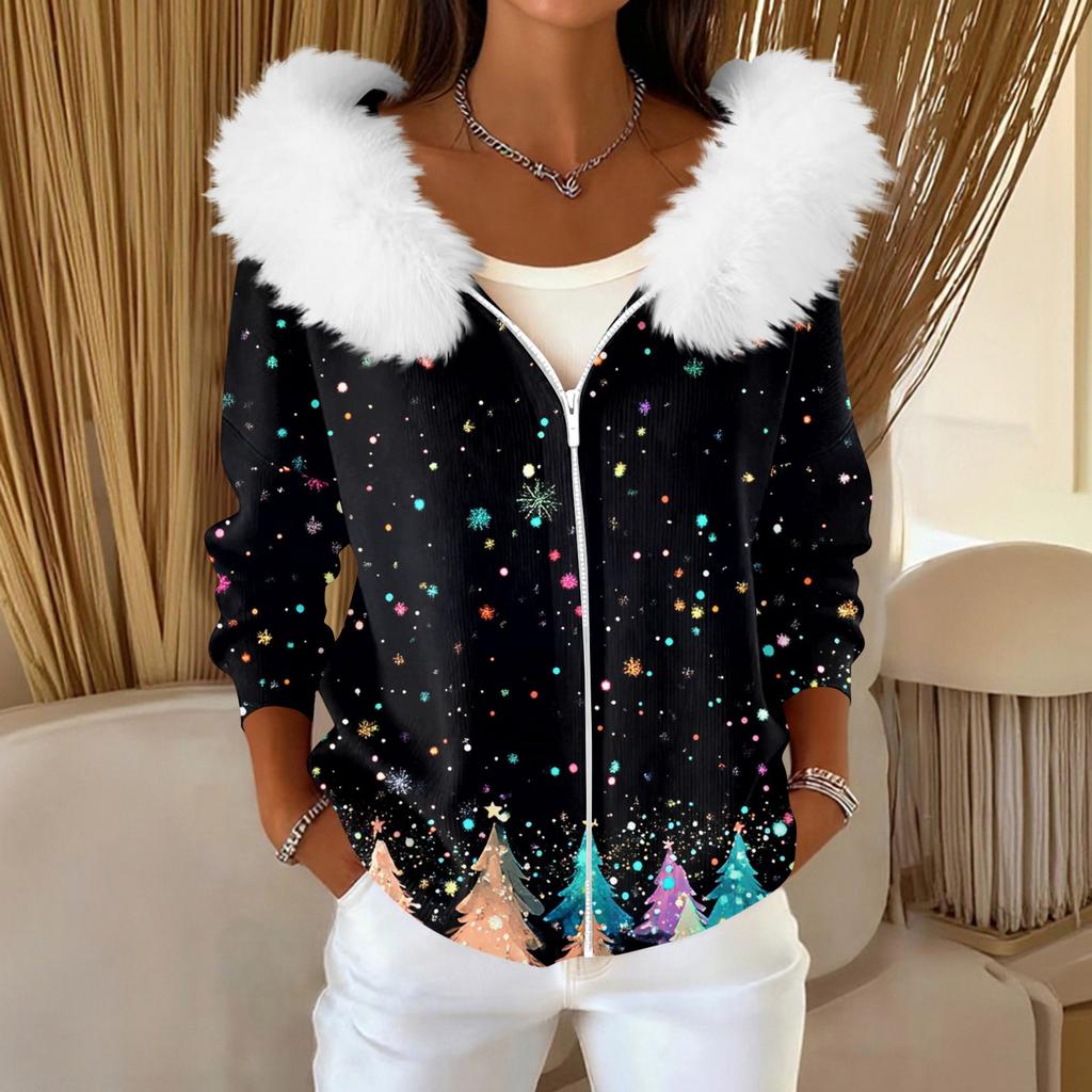 Women's Fashion Casual Sweater Zipper Print Cardigan Plush Hooded Jacket
