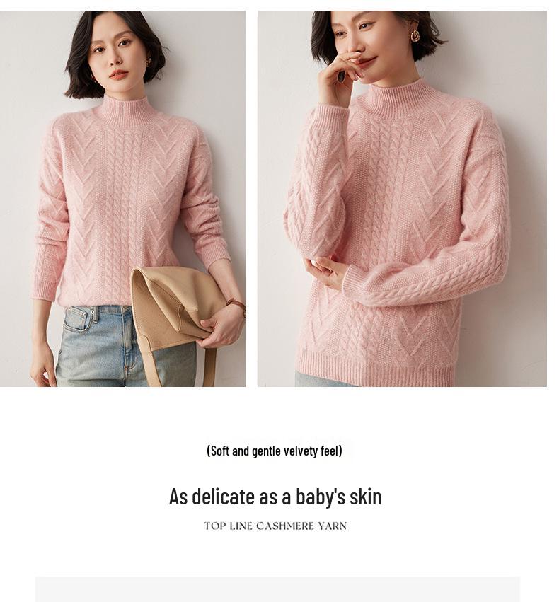 Women's Cashmere Cable Knit Sweater, Half-High Neck, Korean Style, Autumn/Winter 2024 Fashion