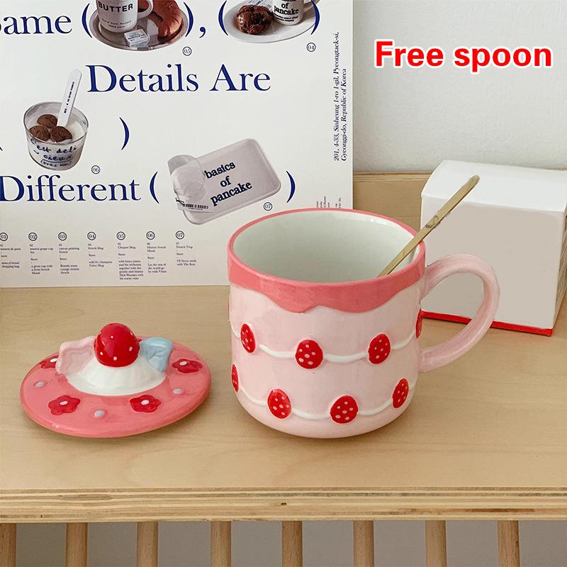 1Pcs 390Ml Ceramic Cup High Value Mug Strawberry Cake Cup Girls Cute Water Cup With Lid Home Milk Breakfast Cup