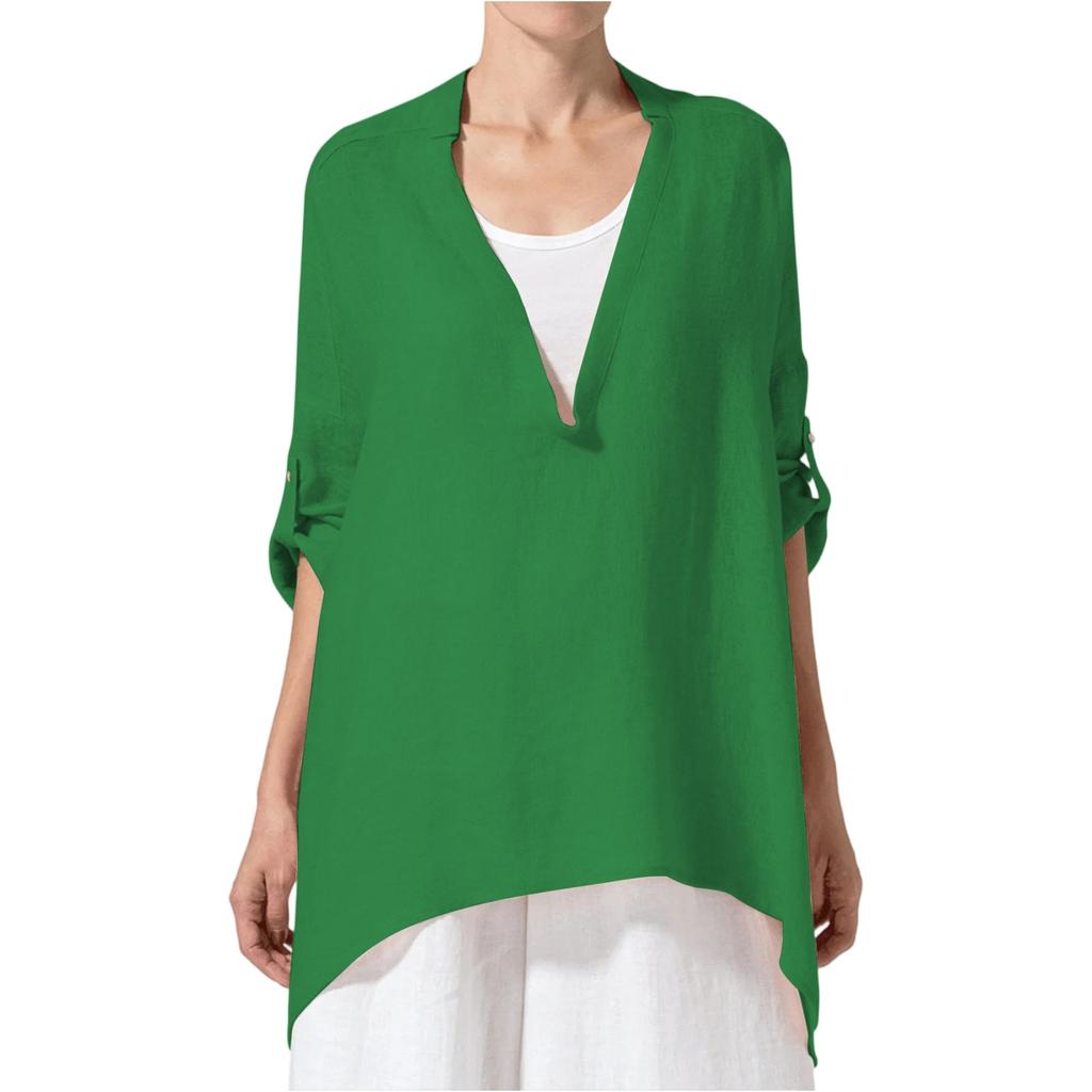Модная женская однотонная хлопково-льняная свободная блузка с V-образным вырезом