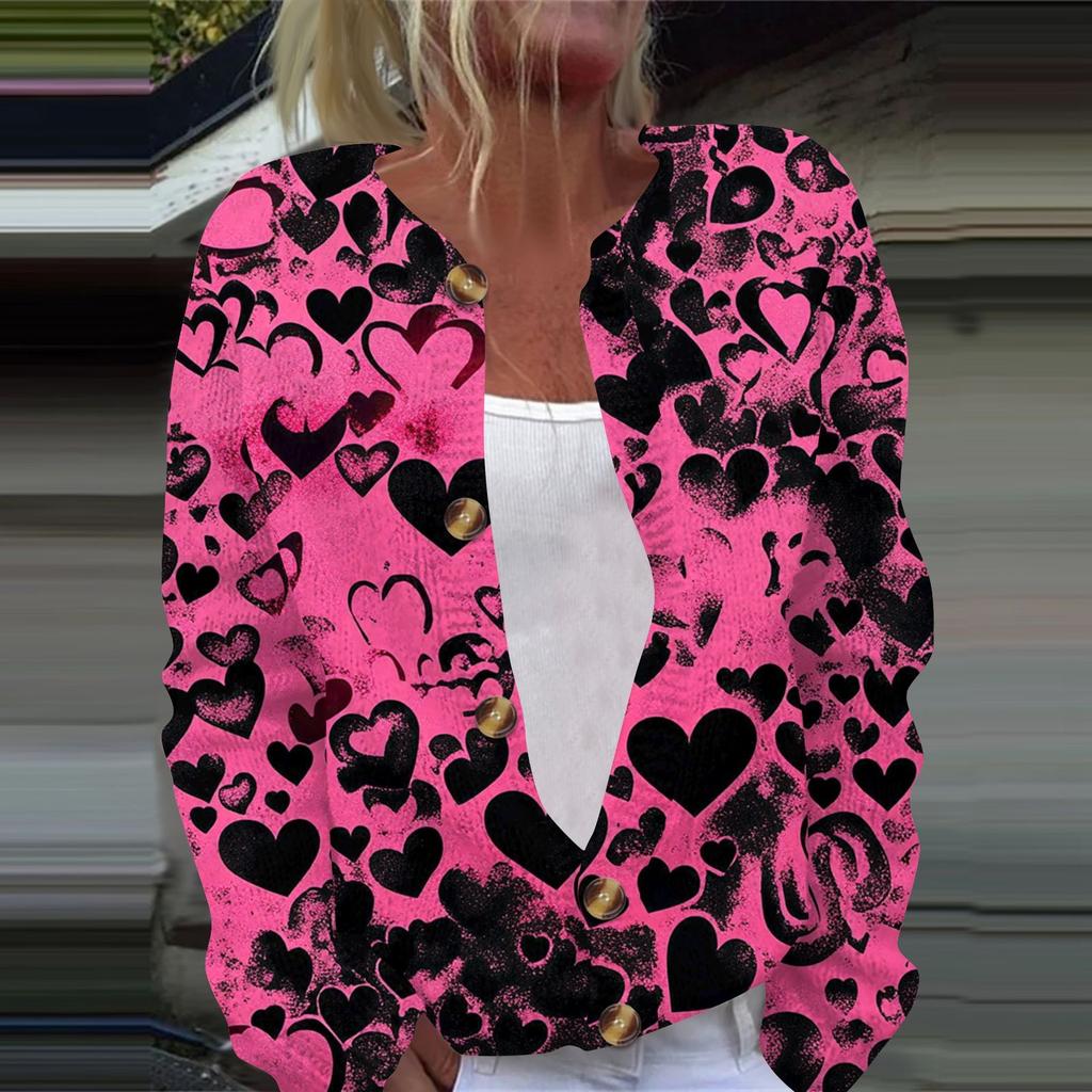 Женская мода День святого Валентина Сердце Принт Длинный рукав Вязаный кардиган Куртка на пуговицах