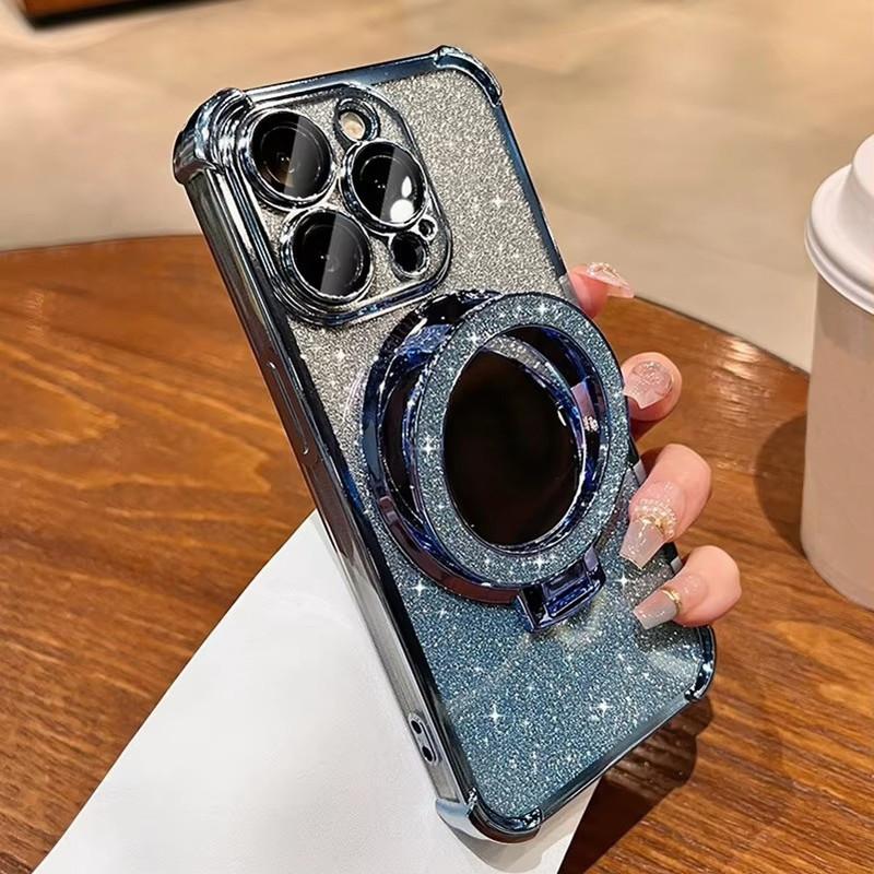 Для серии iPhone 16 15 14 Pro Max Блестящий Глиттер Зеркало Подставка Полная Защита Объектива Чехол для Телефона