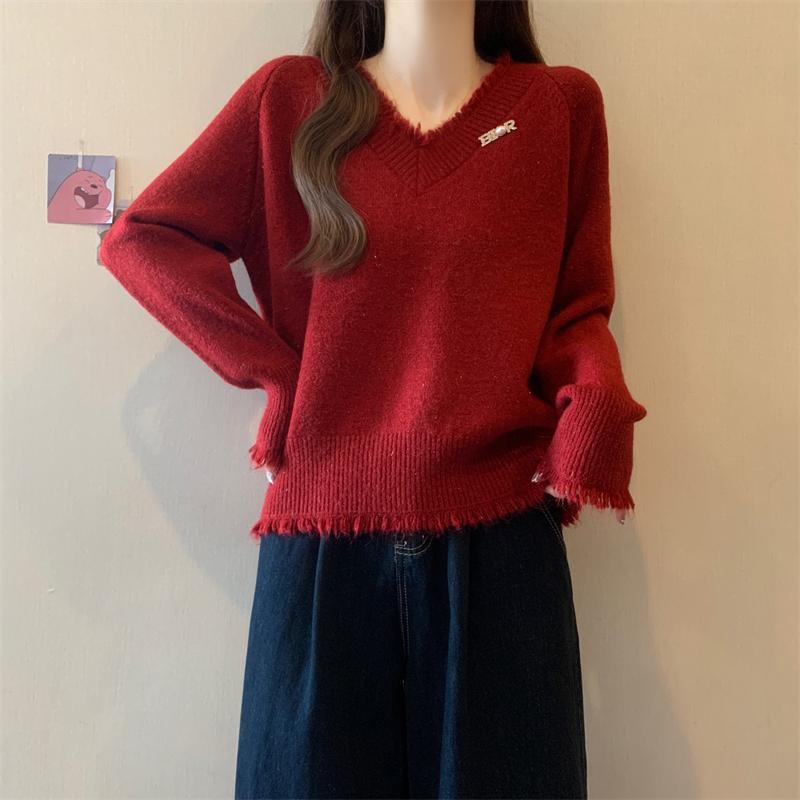 Fashion Sweet Tassel V-neck Red Pullover Sweater Women Autumn and Winter New Thick Warm Knitted Sweaters Women Elegant Solid Casual Jumpers Tops 25841