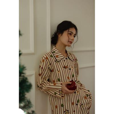 Новая хлопковая полосатая домашняя одежда с отворотами и рисунком из мультфильмов, пижамный костюм с длинными рукавами