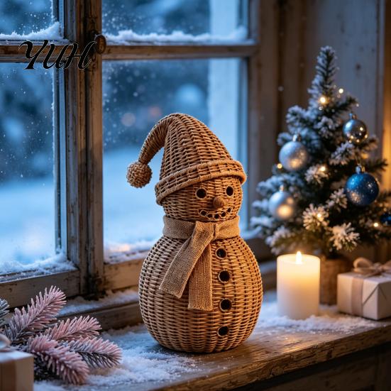 Small Snowman Statue for Window Sills Christmas Ornament Tabletop Decor, Retro Resin Figurine Vintage Style Decor with Knitted Texture Winter