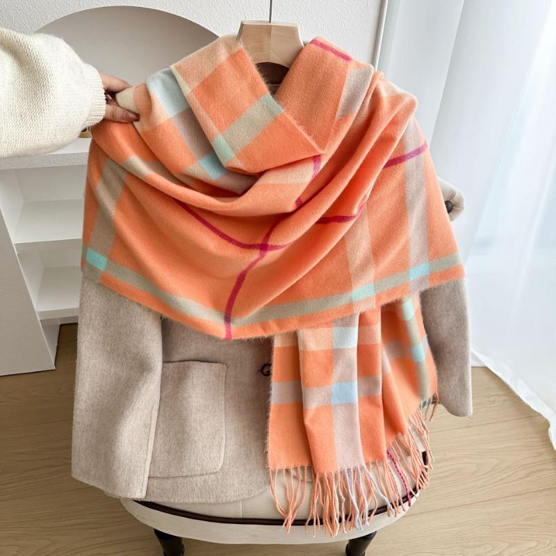 Thickened Plaid Scarf Autumn and Winter Imitation Cashmere Women's Scarf Warm Color Matching Striped Tassel Send Girlfriend Shawl