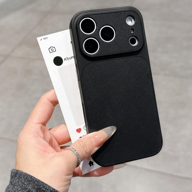 Leather Texture Hard Large Window Case for iPhone 17 Air 16 15 14 13 Pro Max Plus 17Promax Shockproof Matte Phone Cover