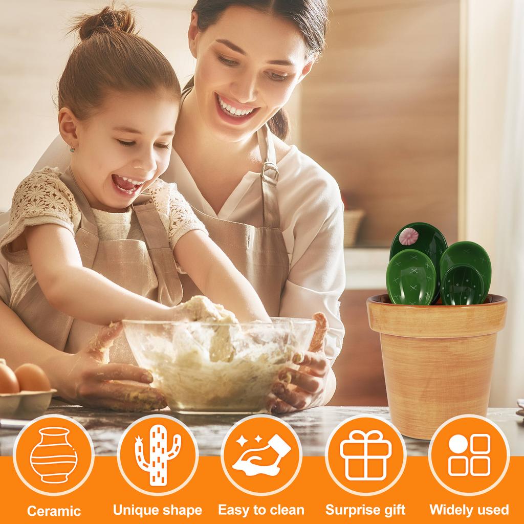 Набор из 4 фарфоровых мерных ложек с подставкой, милый дизайн в виде кактуса, ложка для перемешивания супа, многоразовая керамическая цветочная горшка, мерная ложка