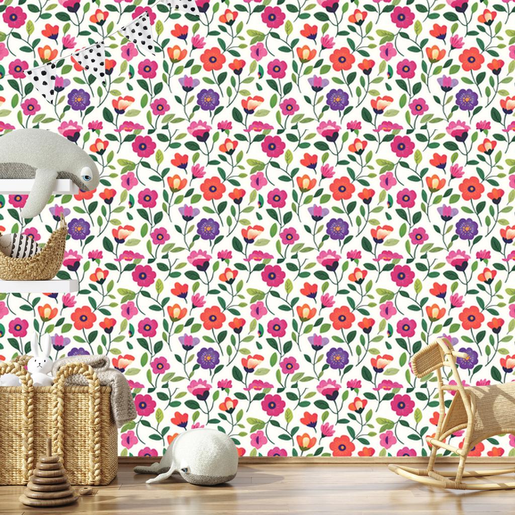 Flowers and leaves wallpaper white, light gray and green 50x1000