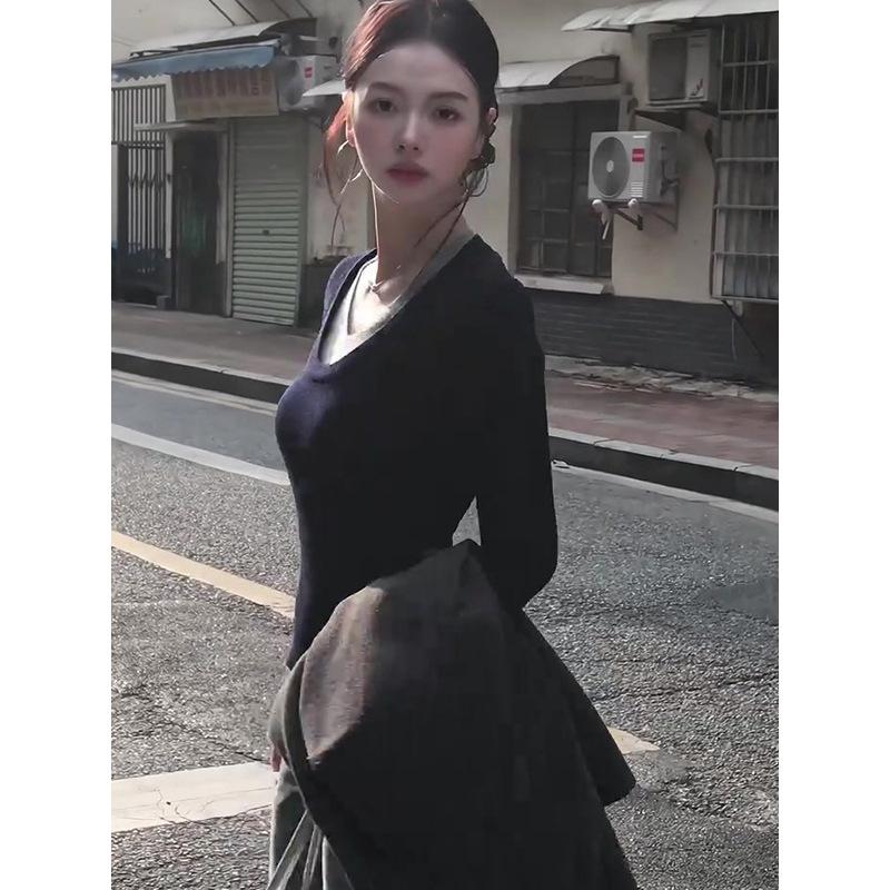 Легкий и зрелый ветер шея сладкий и пряный шерстяной вязаный свитер женский осенне-зимний приталенный текстурный внутренний топ высококачественная базовая рубашка