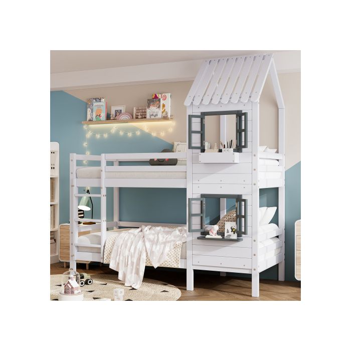 Двухъярусная кровать с бортиками и окном с защитой от падения и перекладиной, каркас из сосны, белый (90х200)