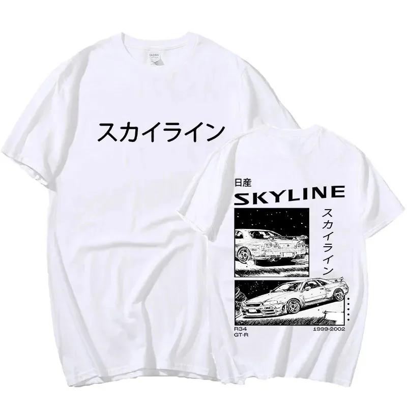 Men Anime Drift AE86 Initial D Double Sided T Shirt O-Neck Short Sleeves Summer Casual Unisex R34 Skyline GTR JDM Manga T-Shirts