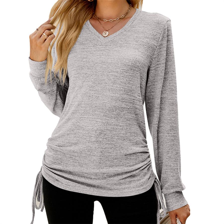 Осень-зима, однотонная плиссированная свободная футболка с длинными рукавами и v-образным вырезом, топ с завязками сбоку для женщин
