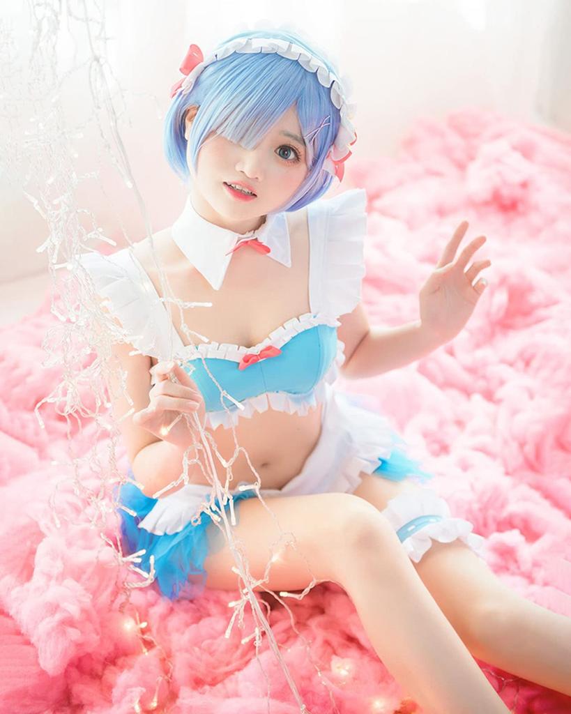 milky time ReZero Rem Cosplay Swimsuit Bikini “Isekai-type” with Wig, Size M, Color Rem/Isekai-type
