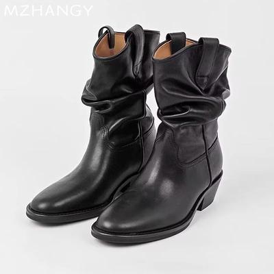 Мода Зимняя Мода Женские Снежные Сапоги До Середины Икры Дизайнерские Сапоги На Среднем Каблуке Кожа Новая Обувь 2024 Тренд Готика Гладиаторские Botas De Mujer