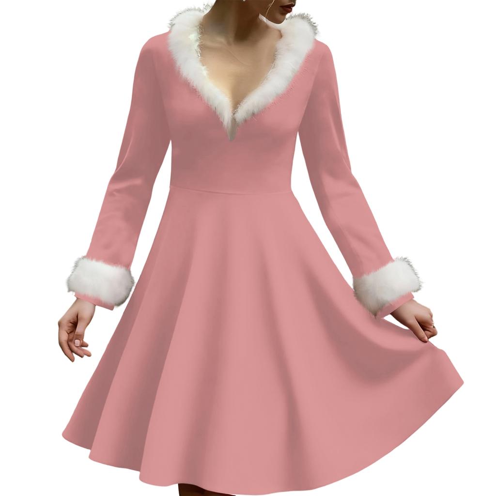 Женское повседневное платье с V-образным вырезом, рождественским принтом, плюшевыми длинными рукавами